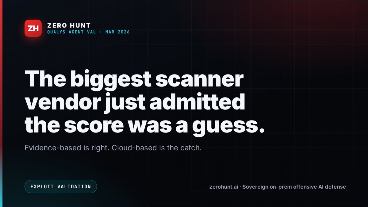 zerohuntai's tweet photo. Qualys just shipped an AI agent that exploits your findings — admitting the CVSS score was always a guess.

Evidence beats estimate. But whose cloud computes the proof?

https://t.co/ovXtKCcWkJ

#ExploitValidation #SovereignAI https://t.co/yyLMcmGH8U