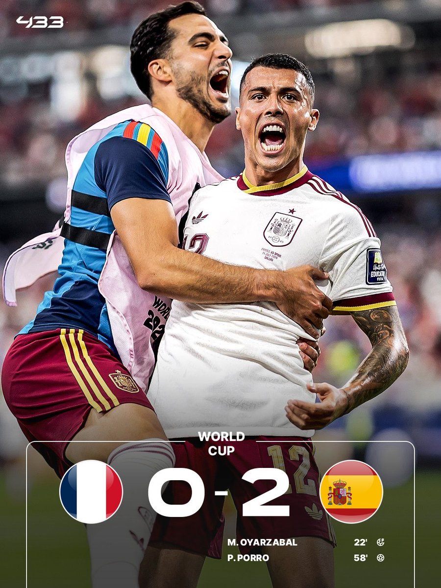 Fooootest's tweet photo. 【試合終了】

🇪🇸スペイン 2-0 フランス🇫🇷

スペインがW杯決勝進出🔥🔥

“最強攻撃陣”のフランスに完封勝利

📸@433 https://t.co/Yur3JiSKqR