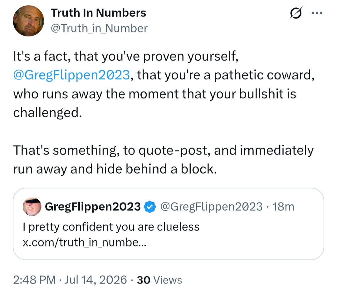 3action's tweet photo. @GregFlippen2023 Wow, what  truly brave soul you are. 

Tell me, @GregFlippen2023, do you always run away from a challenge? Do you always hide behind Mommy's skirt? https://t.co/r4tV5Z0xV0