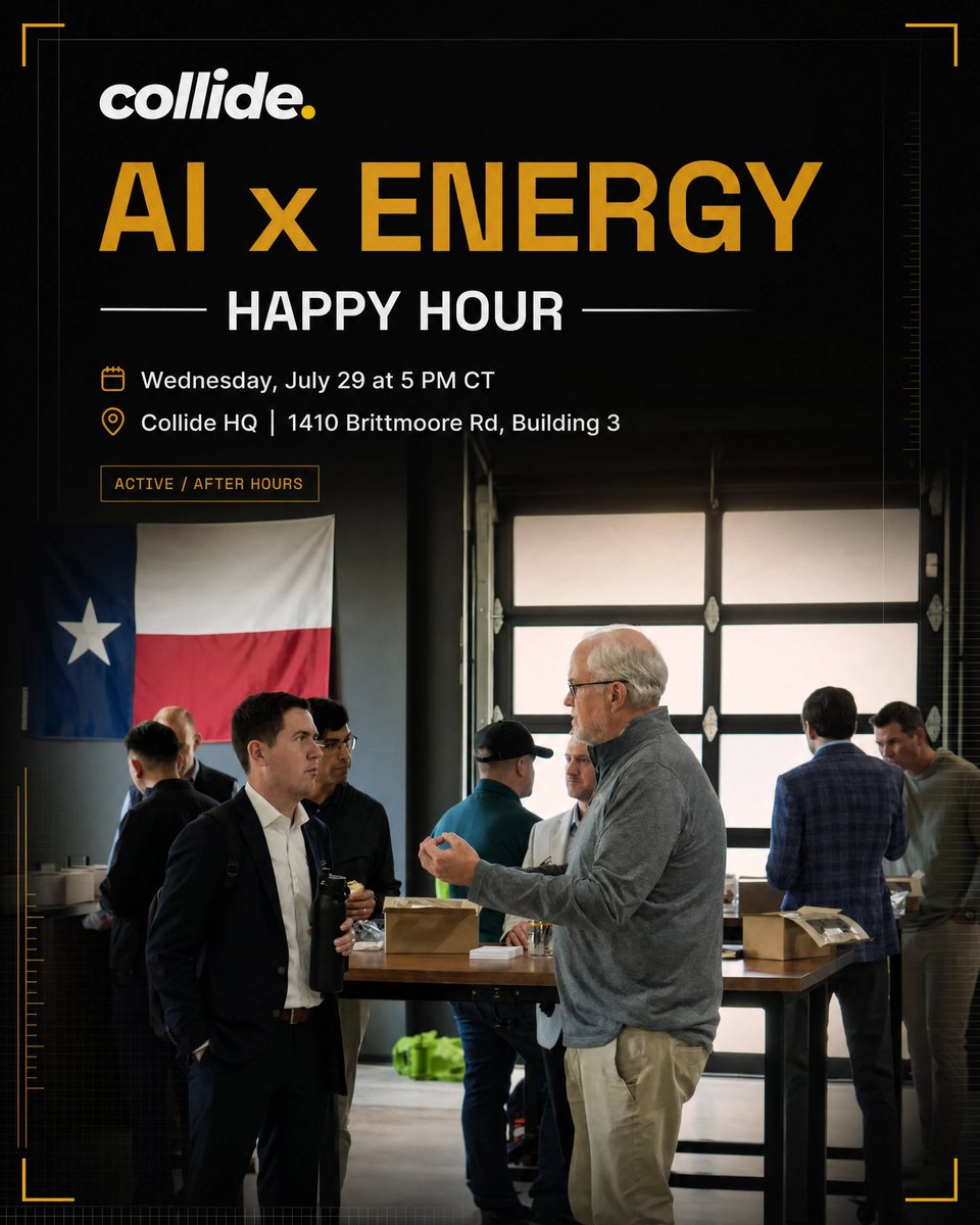 collide_ai's tweet photo. Join us for happy hour on Wednesday, July 29 at 5 pm ct. Network with energy industry pros and talk all things AI, innovation, and collaboration. https://t.co/SSW2oBUAoS