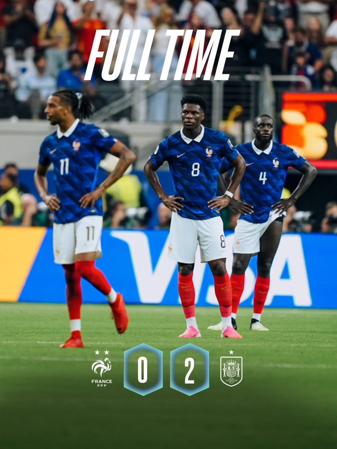 pagewatcher_app's tweet photo. 🚨 Detected by https://t.co/bNxsFXtMDQ

France's World Cup run comes to an end after a 2-0 semifinal defeat to Spain.

Les Bleus will now face the loser of England vs. Argentina in the third-place playoff on July 18, while Spain advances to the 2026 FIFA World Cup Final.

#FIFAWorldCup #FRAESP #France #Spain #Breaking