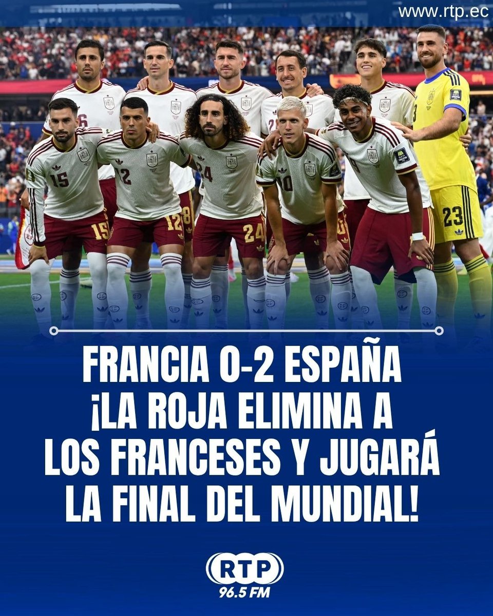 RtpEcuador's tweet photo. España selló su clasificación a la gran final del Mundial 2026 tras vencer 2-0 a Francia con goles de Mikel Oyarzabal, de penal, y Pedro Porro. 

En el Día de la Bastilla, fue La Roja la que celebró por todo lo alto y ahora espera al ganador del duelo entre Argentina e Inglaterra para disputar el título.

 Durante el partido, Kylian Mbappé también fue amonestado tras una dura falta sobre el arquero Unai Simón.

🔵Síguenos
#Mundial2026 #España #Francia #LaRoja #Final #Oyarzabal #PedroPorro #Fútbol #Noticias