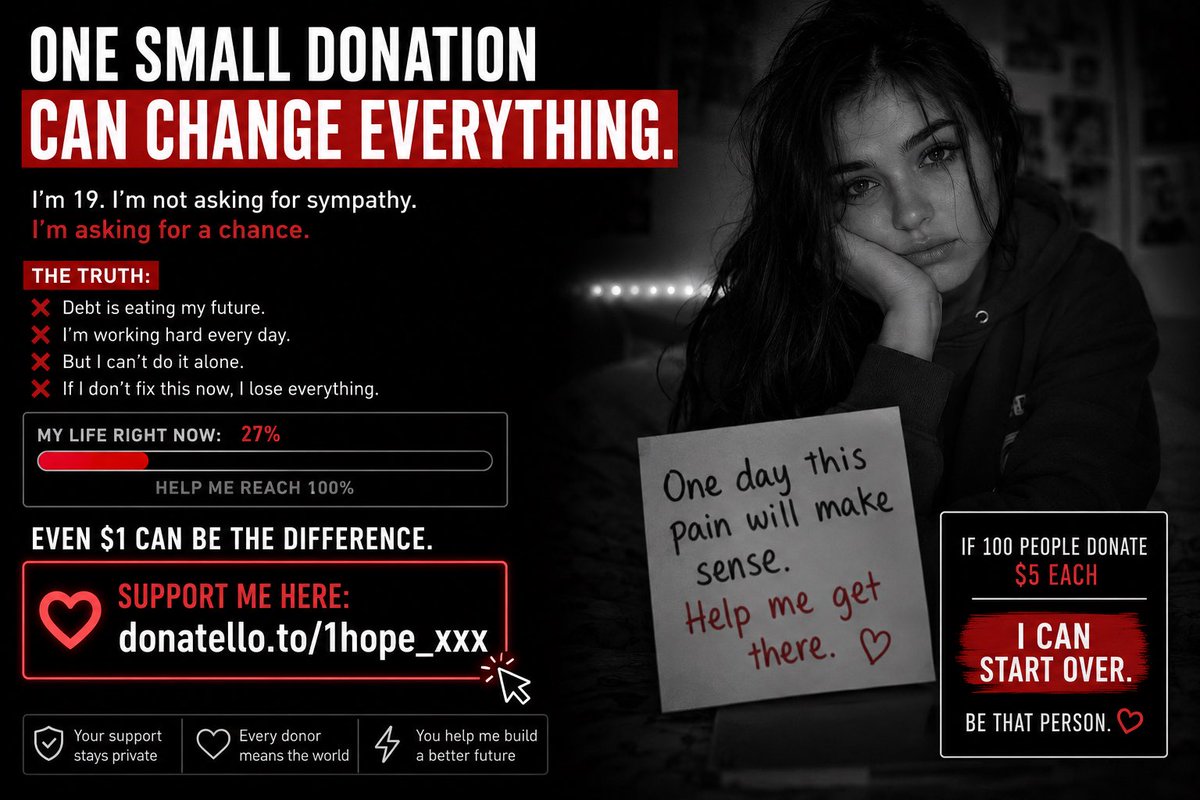 DenysHryt's tweet photo. One random person could change my life today.

Maybe that’s you.

I’m 19, from Ukraine, and I’m trying to escape debt before it destroys my future.

I’m not asking for a miracle or for someone to donate $500.

I truly believe there are people who can spare $1, $2, or $5 without even noticing it.

If enough strangers decide to help, my situation can change completely.

If not, I’ll wake up tomorrow and keep trying anyway.

❤️ If you want to be one of the people who helped me when I needed it most:

https://t.co/Q0luAQuEky

Even if you can’t donate, a repost, share, save, or tag could put this in front of the one person who can.

#StandWithUkraine #Donate #Donation #Crowdfunding #Fundraiser #HelpMe #HelpNeeded #EmergencyHelp #DebtRelief #DebtFreeJourney #StudentDebt #YoungAdult #19YearsOld #Humanity #KindnessMatters #EveryDollarCounts #OneDollarCanHelp #SmallDonationsMatter #Repost #ShareThisPost #PleaseShare #BoostThisPost #ViralPost #Charity #SupportSmallCreators #HelpAStudent #LifeChangingHelp #paobc #EspañaFrancia