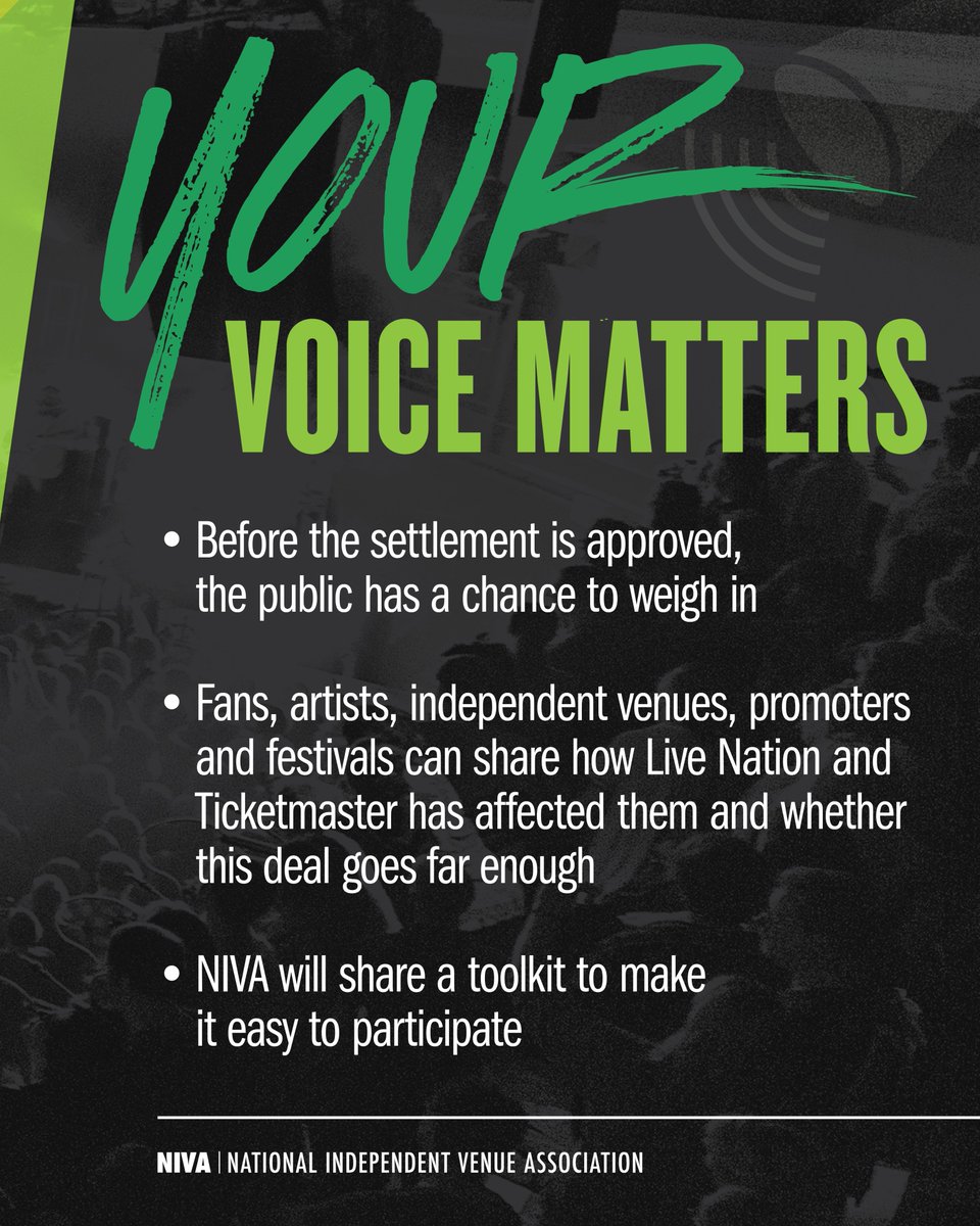 nivassoc's tweet photo. NIVA will soon release a toolkit to help our community submit comments. In the meantime, anyone can comment by emailing LiveNationPublicComment@usdoj.gov

Comments will be public and filed with the court. Your voice matters. https://t.co/8uRO3dUGnG