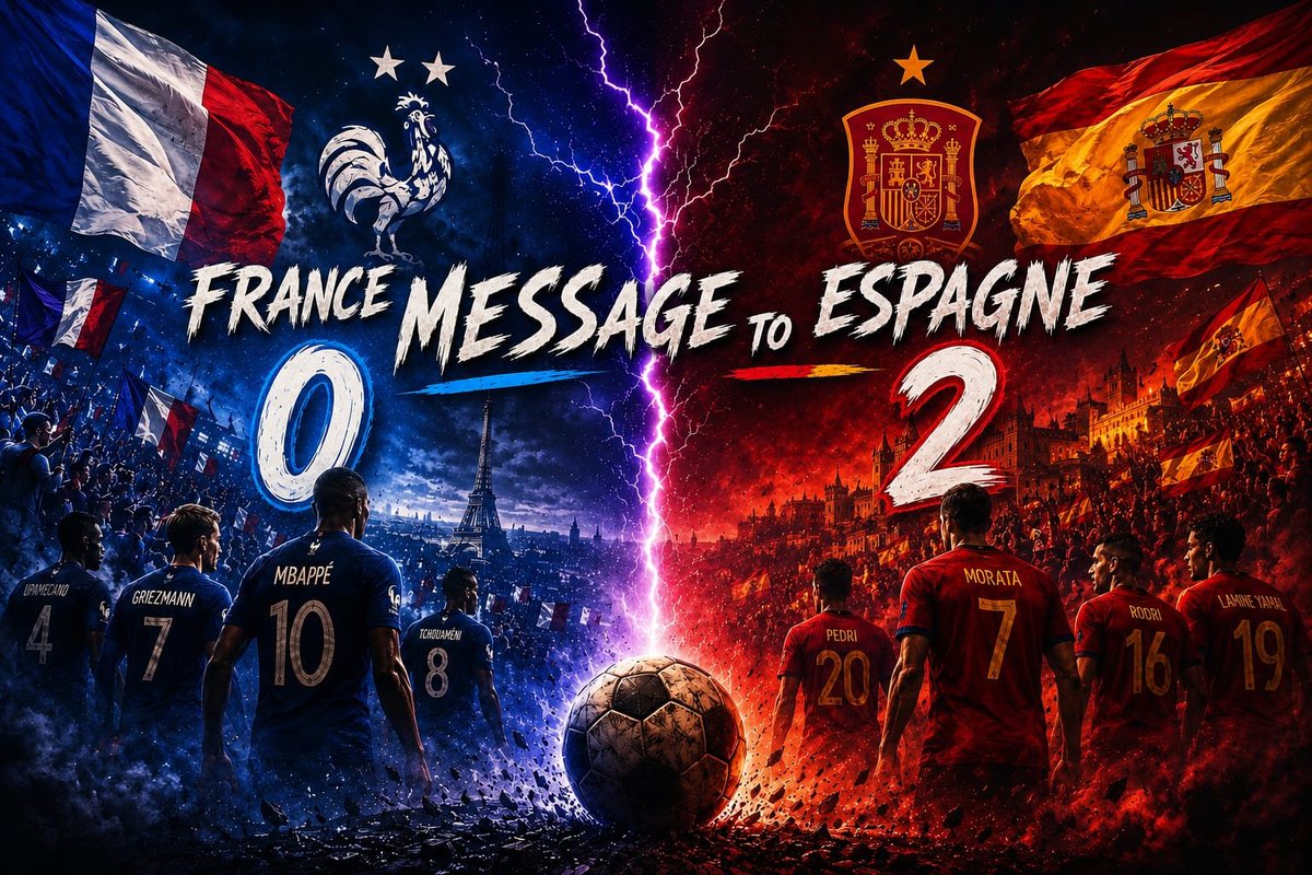 MessageToRivals's tweet photo. 🏁 RÉSULTAT — #FRANCE 0 - 2 🇪🇸#ESPAGNE #ESPFRA #CDM #FRAESP
⚔️ Demi-finale terminée.
C'est l'heure de vérité ⏳ Réponds avec ton numéro + ton message, maintenant que tu connais le résultat :
1 → Ton équipe a gagné, ton message de soutien à l'adversaire 🤝
2 → Ton équipe a gagné, ton message de chambrage à l'adversaire 😏
3 → Ton équipe a perdu, ton message d'encouragement et de félicitations à l'adversaire 👏
4 → Ton équipe a perdu, ton message de rage 😤
On veut voir si ton avis a changé depuis le premier post — ou si tu dis toujours la même chose 👀