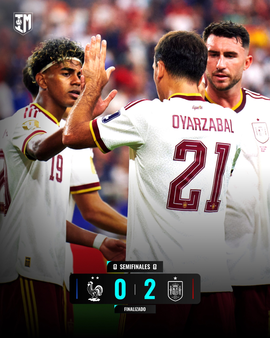 infomorrocotudo's tweet photo. 🇪🇸 ¡SOMOS FINALISTAS DEL MUNDIAL!

La selección española se impuso con autoridad a Francia (0-2) y peleará por el título tras una actuación muy sólida de principio a fin.

0-1  Oyarzabal ⚽️
0-2 Pedro Porro

🏆 A un solo paso de hacer historia. https://t.co/AiH3TFfcqW