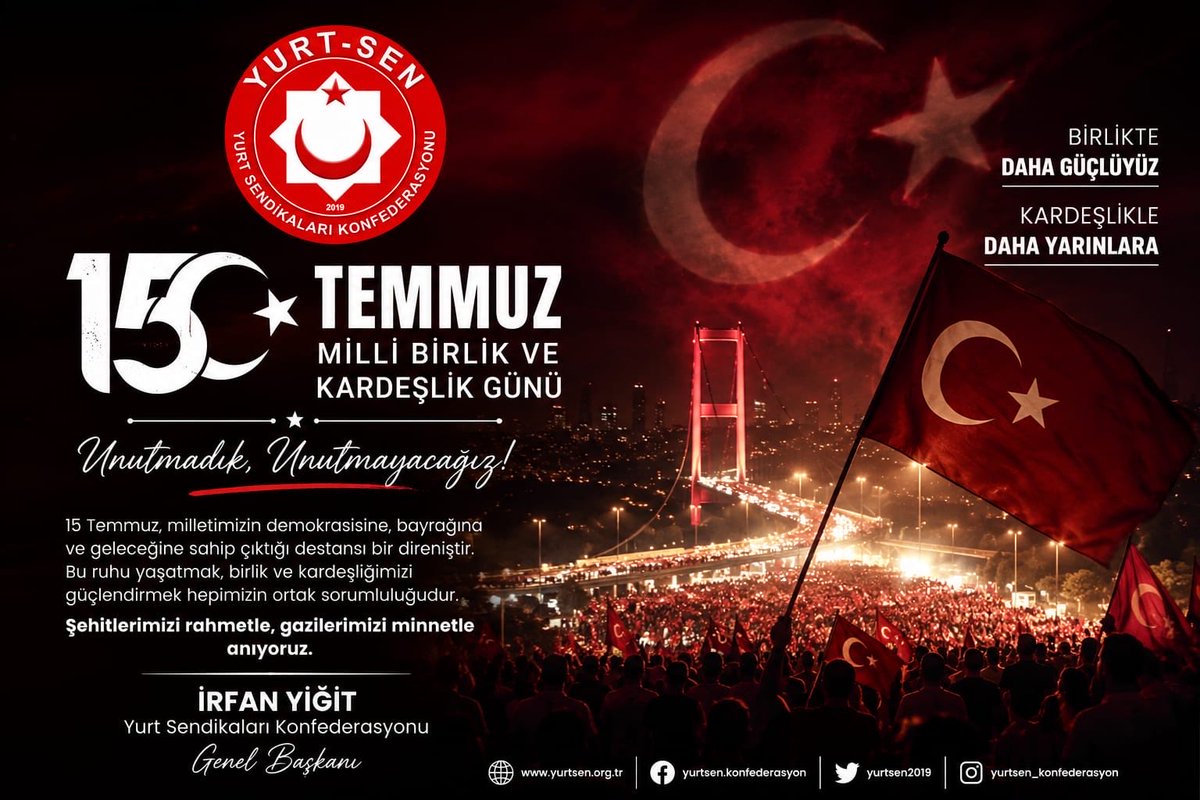 yurtsendikalari's tweet photo. Demokrasi, millî irade ve vatan uğruna canlarını feda eden aziz şehitlerimizi rahmet ve minnetle anıyor, kahraman gazilerimize şükranlarımızı sunuyoruz.

#15Temmuz #15TemmuzDemokrasiVeMilliBirlikGünü https://t.co/pNwRtlpLdA