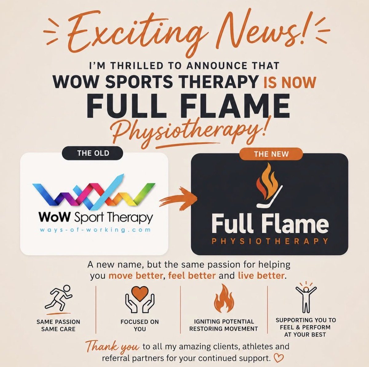 Fullflamephysio's tweet photo. Over the next while socials and websites will be changing over to the new name. @Fullflamephysio 🔥 https://t.co/CCnIxBtZy9