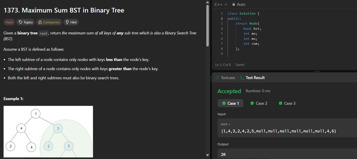 lil_meee15's tweet photo. 📅 Day 43 - #SDESheetChallenge

A little late with the update because of all the travelling lately 😅, but finally got around to revising these BST problems:

✅Serialize and Deserialize BT
✅ Max Sum BST in BT
✅ BST Iterator
✅ Two Sum IV

@takeUforwar_  @striver_79 https://t.co/MbtsshlbSJ