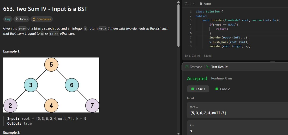 lil_meee15's tweet photo. 📅 Day 43 - #SDESheetChallenge

A little late with the update because of all the travelling lately 😅, but finally got around to revising these BST problems:

✅Serialize and Deserialize BT
✅ Max Sum BST in BT
✅ BST Iterator
✅ Two Sum IV

@takeUforwar_  @striver_79 https://t.co/MbtsshlbSJ