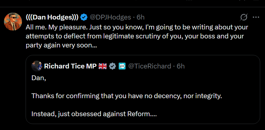 dave43law's tweet photo. The Reform attack on Dan Hodges appears not to be working https://t.co/fMa2x7TcaQ