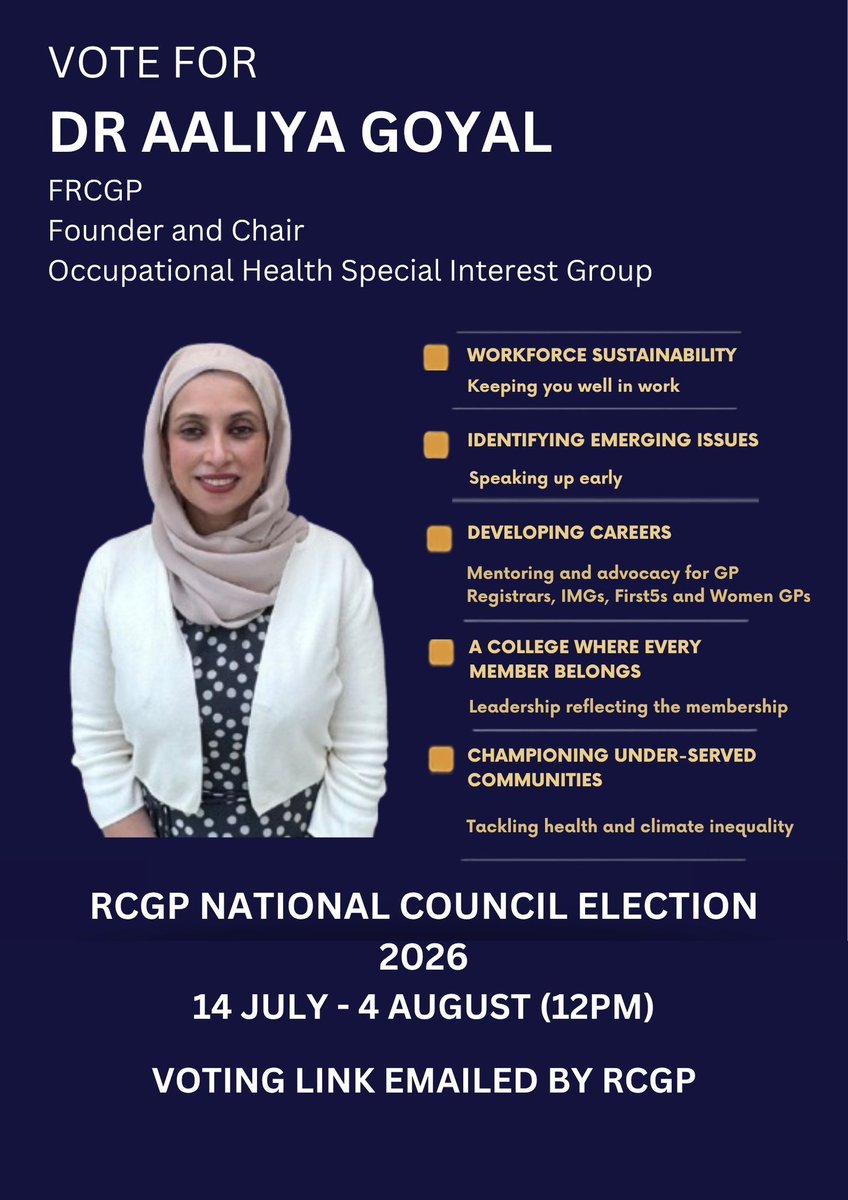 Aaliya_UK's tweet photo. Standing for #RCGPCouncil 🗳️ 

From 2022-25 I :
• Went to each Council meeting in person
• Raised GP unemployment early
• Brought members' views on AI, PAs, Assisted Dying
• Spoke on keeping GPs well in work &amp; health &amp; climate inequalities
• Mentored Registrars First5s IMGs https://t.co/gEVjpT7kqr