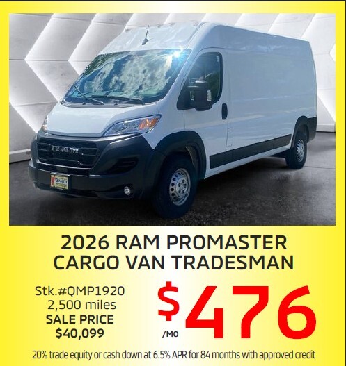 QualityMitsu's tweet photo. Check out the 2026 Promaster Cargo Tradesman. Only 2500 miles. Like new but $15000 below the original MSRP. https://t.co/r40oofOKQ8