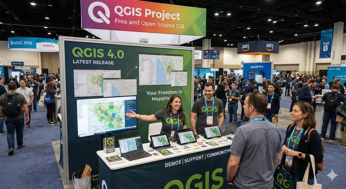 mapperz's tweet photo. @MatthewHMalone I saw this at the #QGIS booth @#EsriUC2026  **no esri credits were used in this ai representation... https://t.co/VPXA3gZDdA