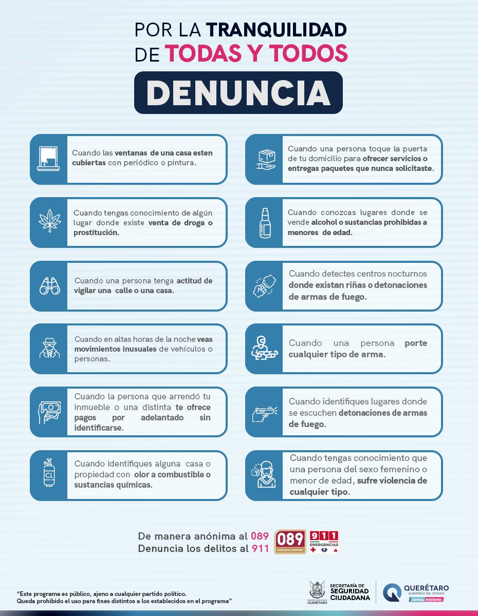 SSCQro's tweet photo. Tu colaboración es muy importante para la seguridad 🚨. Al ser víctima o testigo de alguna de estas acciones, reporta al Número de Emergencias 911 o 089 de forma anónima. https://t.co/Xx3CsLpg3V