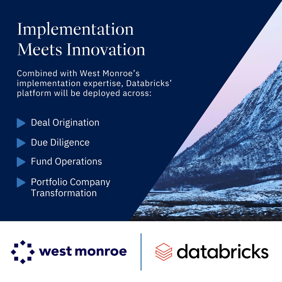 clearlake's tweet photo. Clearlake has formed a partnership with Databricks and West Monroe to advance AI-enabled investing and accelerate data transformation across our portfolio.

By pairing Databricks’ platform with West Monroe's implementation expertise, Clearlake aims to connect investment, operational, financial, and portfolio data in a secure and scalable environment, building an "investment firm of the future" data platform across deal origination, due diligence, fund operations, and portfolio company transformation.

This partnership is a direct extension of our O.P.S.®(Operations, People, Strategy) framework and, leveraging Clearlake AI Labs, will help our portfolio company management teams modernize data infrastructure, identify high-impact AI use cases, and deploy solutions that aim to drive productivity, enhance customer engagement, and create durable long-term value.

Read more: https://t.co/SJOwuiXeam

#AI #DataIntelligence #Databricks #WestMonroe #ClearlakeCapital #PrivateEquity #ValueCreation #DigitalTransformation