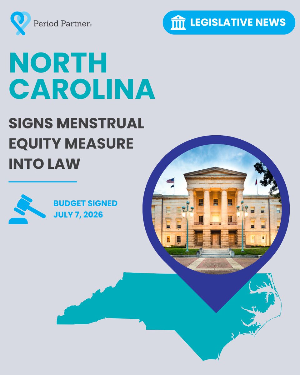 PeriodPartner's tweet photo. North Carolina has signed a menstrual equity measure into law, shifting from school grants to a statewide provider model for period products in participating schools.

A step toward more consistent access, dignity, and student success. 💜

#PeriodPartner #MenstrualEquity https://t.co/YcJBJntHcT
