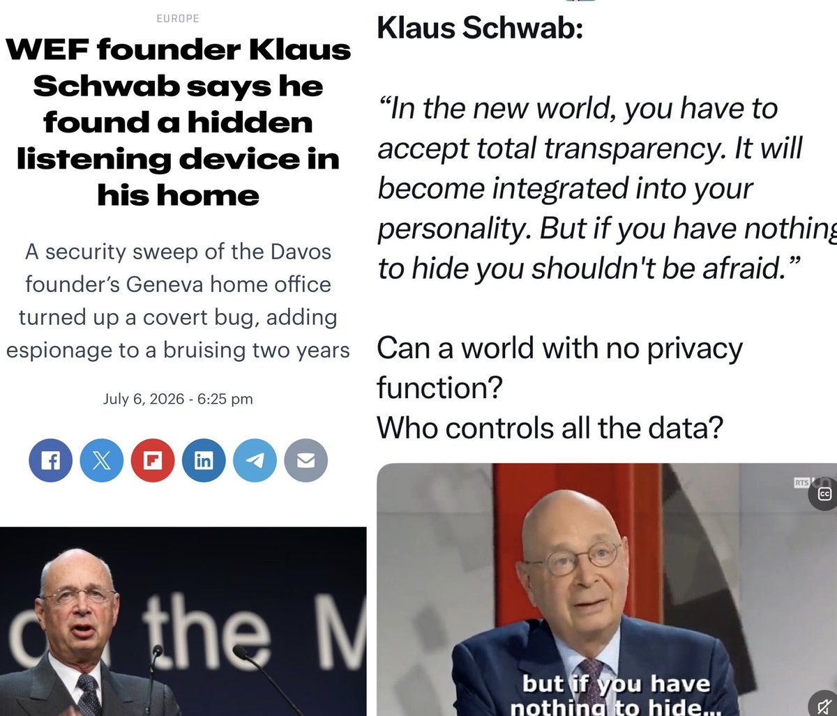 myabradshaw78's tweet photo. Oh Klaus Schwab doesn’t like it when he’s spied on,yet in his own words “ in the new world, you will have to accept total transparency. It will become integrated into your personality. But if you have nothing to hide you shouldn’t be afraid”. So what has Klaus afraid?? https://t.co/tuZtvtt3Qz