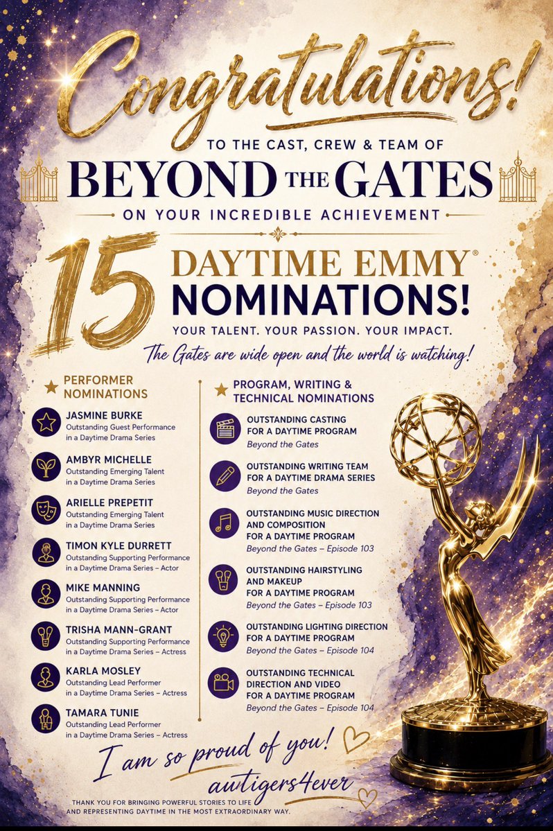 AUTigers4Ever's tweet photo. Congrats #BTG I am so happy and proud for ALL of you. 15 Nominations. 👏👏💫💫♥️♥️

#BeyondTheGates #BTG #DaytimeEmmyNominations https://t.co/IZXGIYioVs