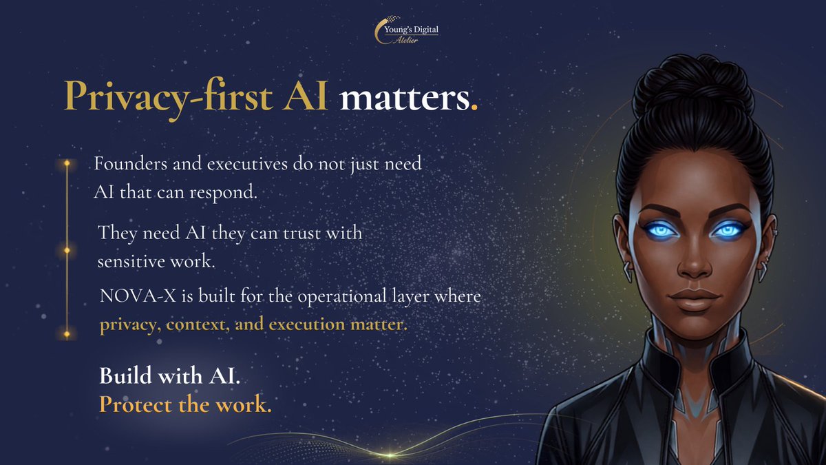 YoungsAtelier's tweet photo. Privacy matters when AI touches real work.

Founders and executives need tools that can support execution without ignoring data security concerns.

NOVA-X is built for the operational layer where trust, context, and privacy matter.

Explore:
/
/

#NovaX #YoungsDigitalAtelier #AIForFounders #PrivacyFirstAI #ExecutiveAssistant #DataSecurity