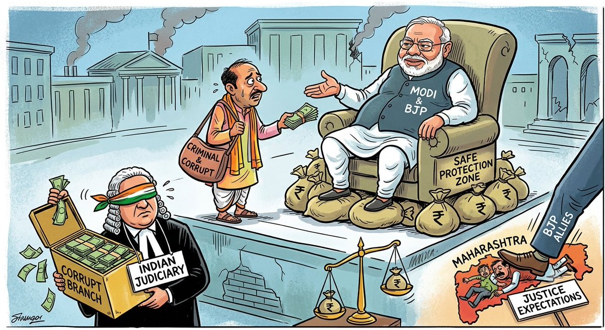 realvsmyth's tweet photo. @ShivAroor All criminals &amp; the corrupt are safe under the protection of Modi &amp; the BJP. As long as they share the cut with their masters, nothing will happen.
​With the judiciary as one of India's most corrupt branches, don't expect BJP allies to face justice in Maharashtra. https://t.co/YGOQbtbNJV