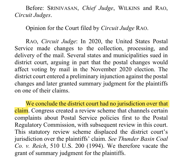 julie_kelly2's tweet photo. NEW: Right before the 2020 election, DC District Court Judge Emmet Sullivan halted the Postal Service's plans to shore up mail processing rules to handle massive influx of mail-in ballots. Democratic states and cities sued to stop the USPS guidance; on Sept 27, 2020, Sullivan (Clinton) entered a preliminary injunction on behalf of the Democratic litigants. (A few years later, Sullivan entered a summary judgement along the same lines.)

Today, a DC appellate panel determined Sullivan had no jurisdiction over the matter. Too late to have any impact on the 2020 election...