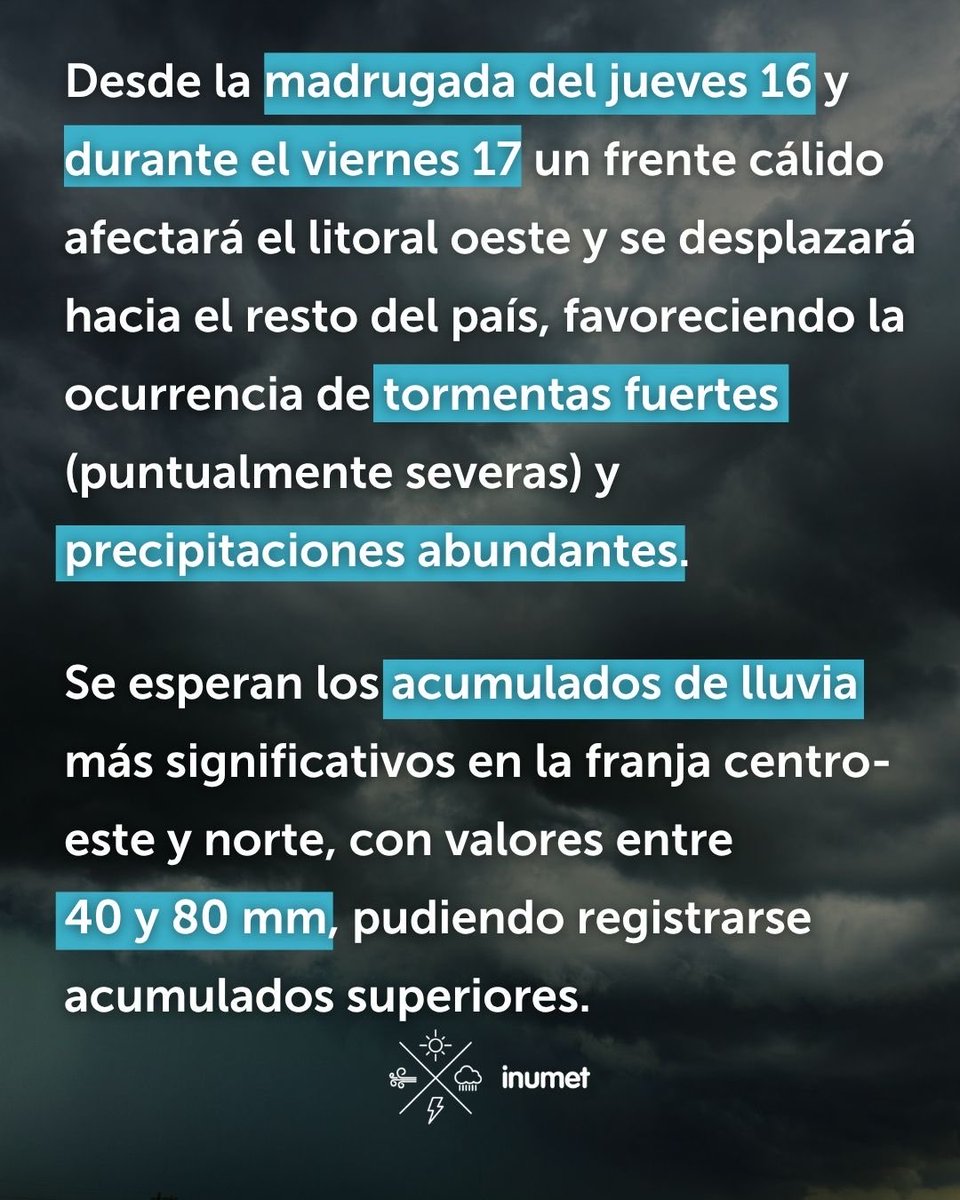 Inumet_'s tweet photo. #AvisoALaPoblación A partir de la madrugada del jueves 16 de julio por la ocurrencia de tormentas fuertes (puntualmente severas) y precipitaciones abundantes. https://t.co/5Vou6jLtlJ