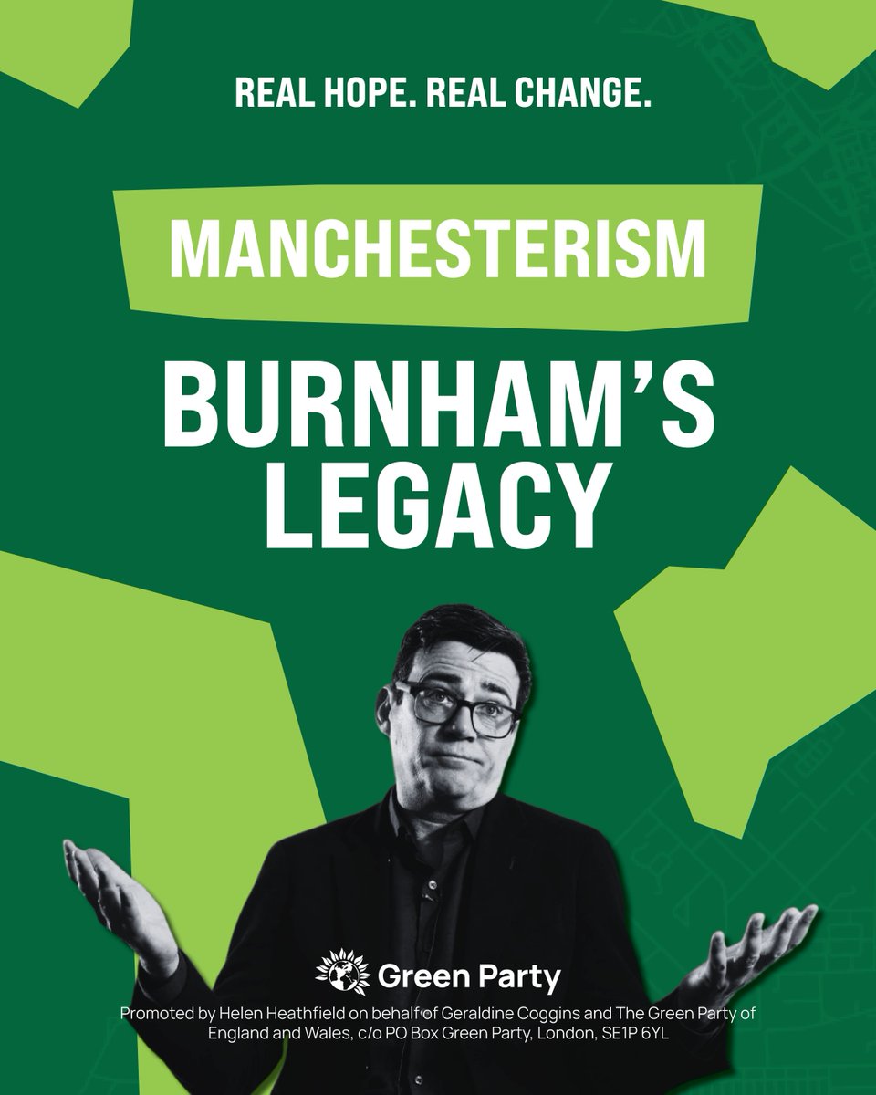 TheGreenParty's tweet photo. Manchesterism? This is Burnham's legacy:

✅ Soaring rents
✅ Rising homelessness
✅ Bigger profits for developers

Our city-region doesn’t need more of the same. https://t.co/5Eci1DEONs