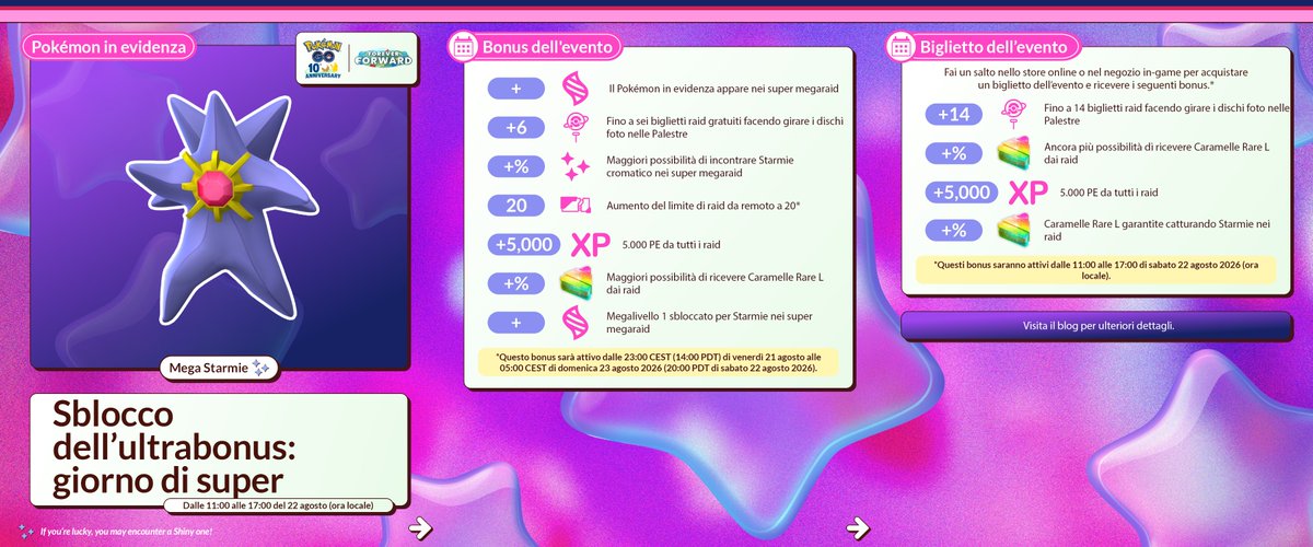 PokemonGOit's tweet photo. MegaStarmie farà un tuffo nello sblocco dell’ultrabonus: giorno di super megaraid dedicato a Starmie in #PokemonGO!

Dalle 11:00 alle 17:00 del 22 agosto 2026 (ora locale)

https://t.co/a29qJZBysN https://t.co/rKq3TwcBhM