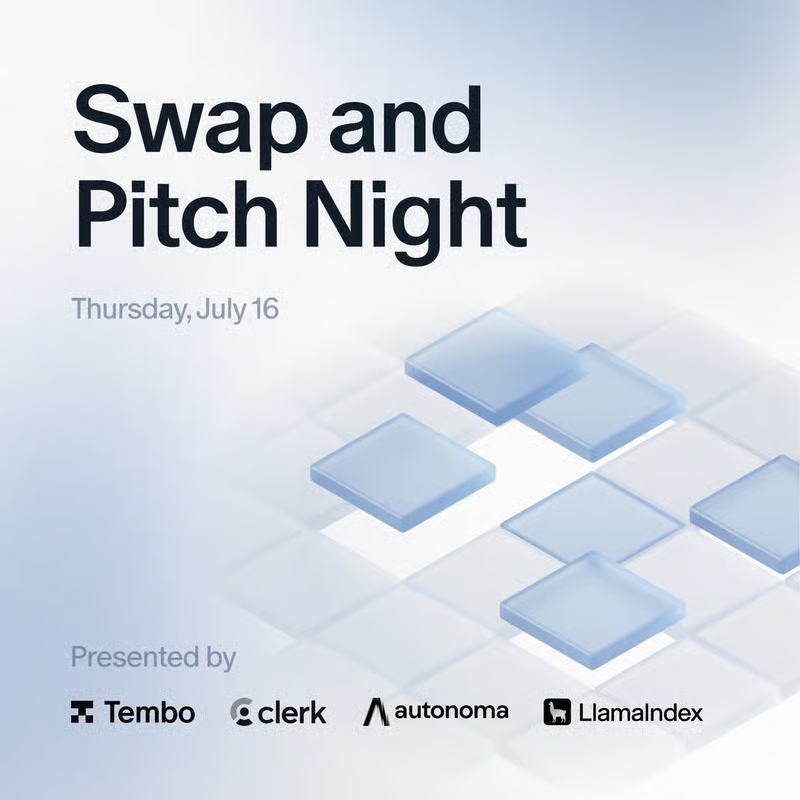 Co-hosting 'Swap and Pitch Night' this Thursday in SF with @tembo, @clerk, and @autonomaai. 

Pitch ...