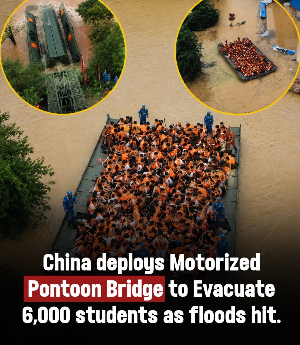 Facts_official_'s tweet photo. China deployed a motorized pontoon bridge to rescue 6,000 students after severe flooding. 🌊🚑
As floodwaters cut off communities, emergency teams used the military bridge to safely evacuate thousands of stranded students, showcasing a rapid disaster response during the crisis.🙏 https://t.co/S3RgU4Yzvn