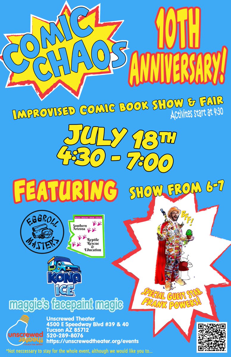 whatsuptucson's tweet photo. It's Comic Chaos 10th Anniversary at Unscrewed Theater!
This Saturday July 18 from 4:30-7pm, with a show at 6pm
Special guest star Frank Powers
Be there! 4500 E Speedway
Click: https://t.co/ZV4FvXQcnS

Ad https://t.co/4RnBlaZWX7