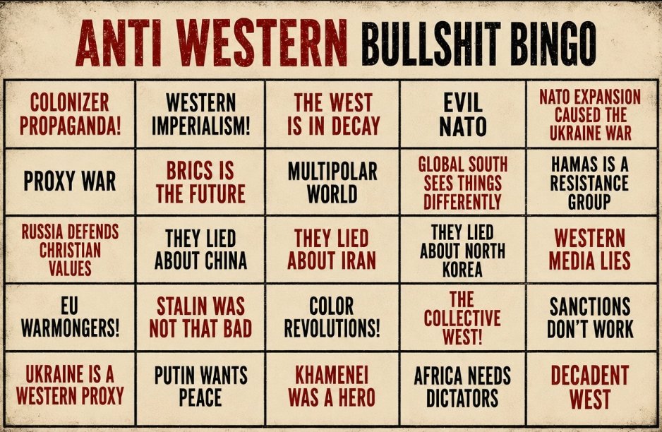 DietmarPichler1's tweet photo. I created this (incomplete) Anti-Western "Bullshit Bingo," inspired by the work on my new article about subversive ideologies on TikTok and Instagram.
https://t.co/xi6yj6VZ3Y https://t.co/3xyIhCd6gq