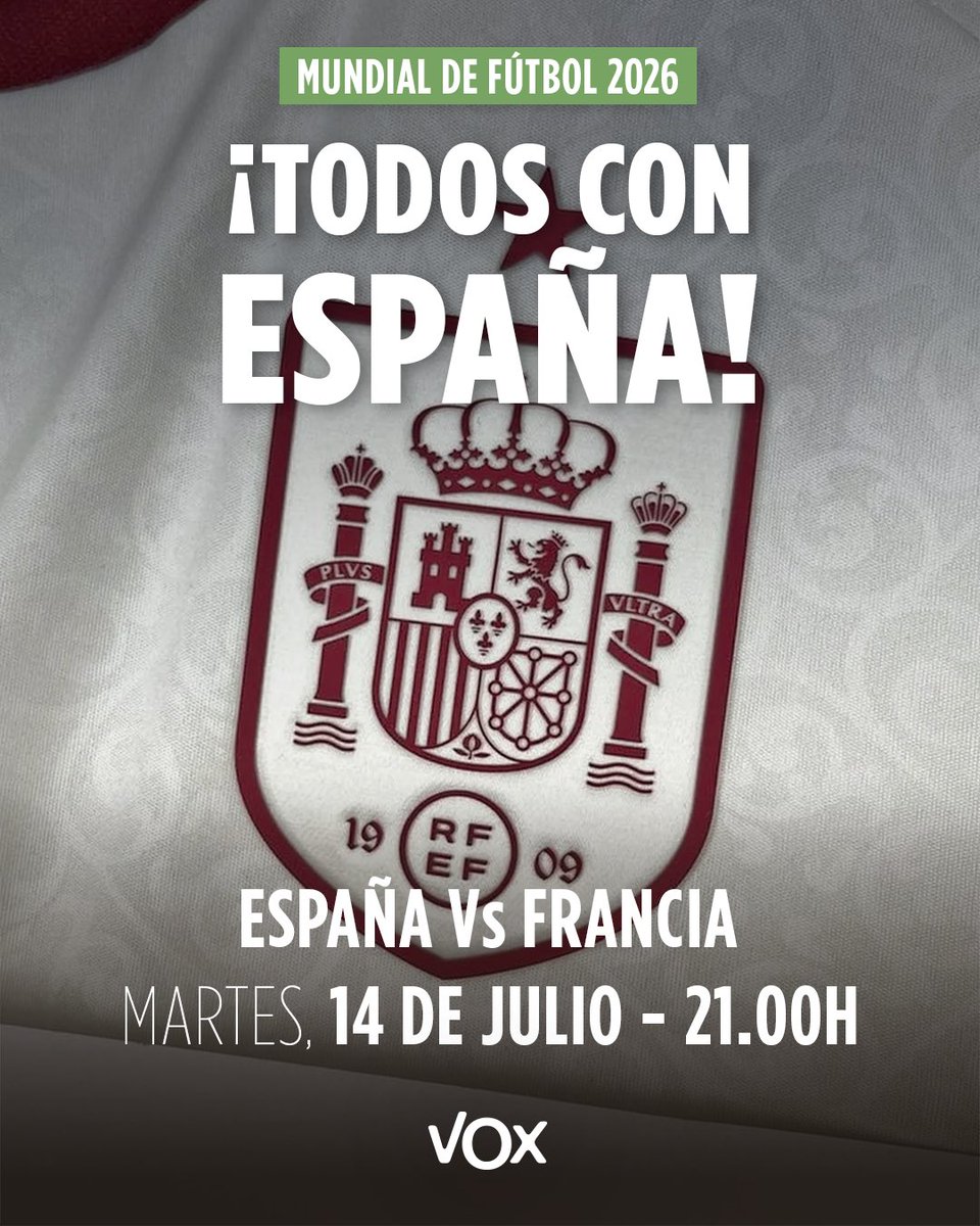 vox_es's tweet photo. 🇪🇸 Una selección. Una afición. Un objetivo. Regresar a la final de un Mundial.

¡TODOS CON ESPAÑA! https://t.co/vpMW0jBfT8