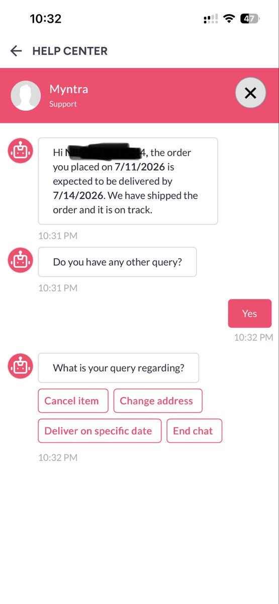 ZhingurCricGuy's tweet photo. I ordered a facewash on 12 July &amp; it was supposed to be delivered today 14 July. There is no update on the order and chat bot saying it’s on track lol. No option to talk to a human agent. Brilliant work @myntra https://t.co/tDWCdgya2W