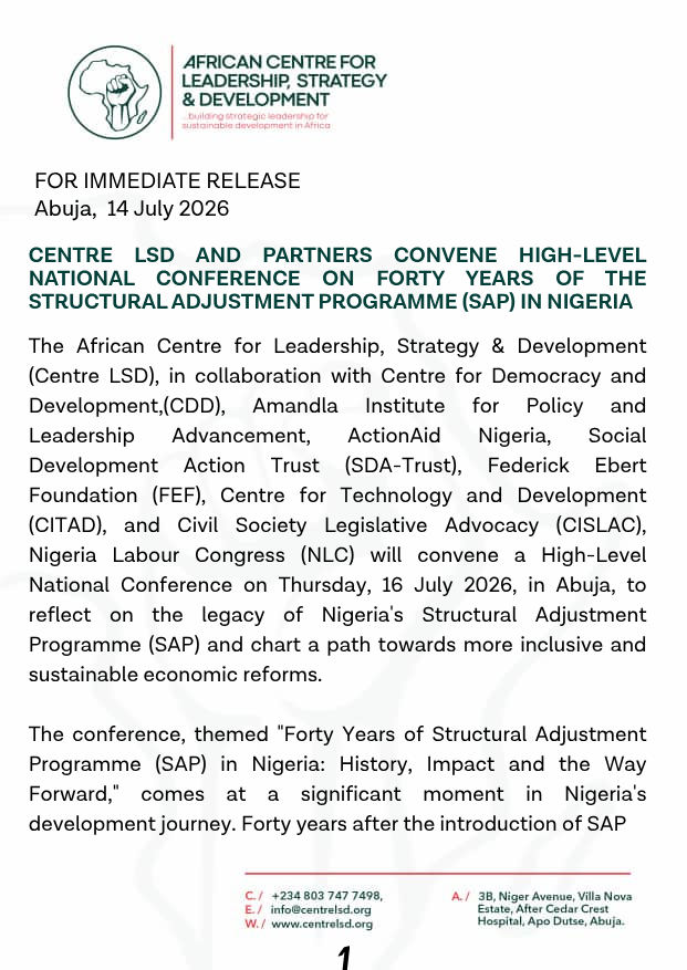 centrelsd's tweet photo. Centre LSD and Partners Convene High-Level National Conference on Forty Years of the Structural Adjustment Programme (SAP) in Nigeria
#SAPat40 https://t.co/RbotPS6O0O