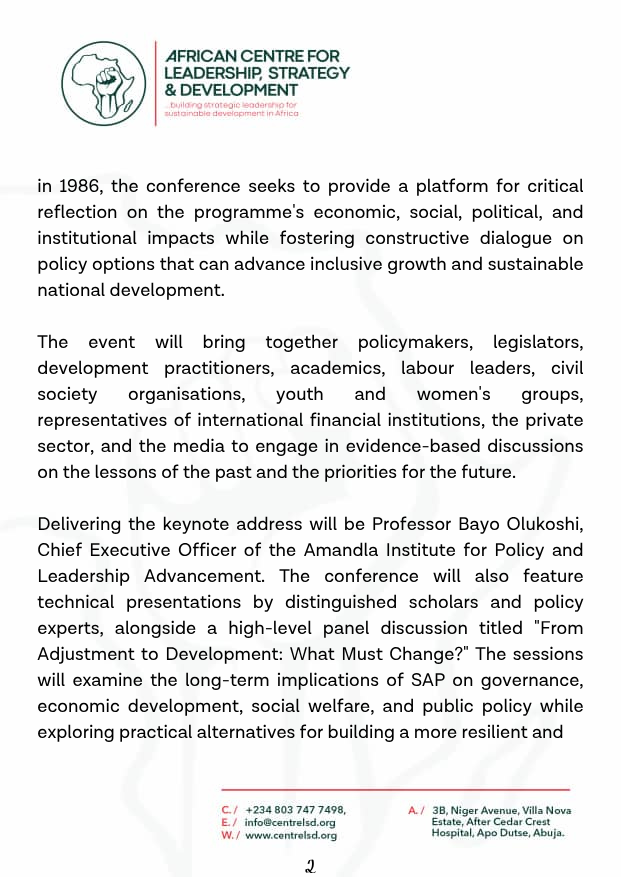 centrelsd's tweet photo. Centre LSD and Partners Convene High-Level National Conference on Forty Years of the Structural Adjustment Programme (SAP) in Nigeria
#SAPat40 https://t.co/RbotPS6O0O
