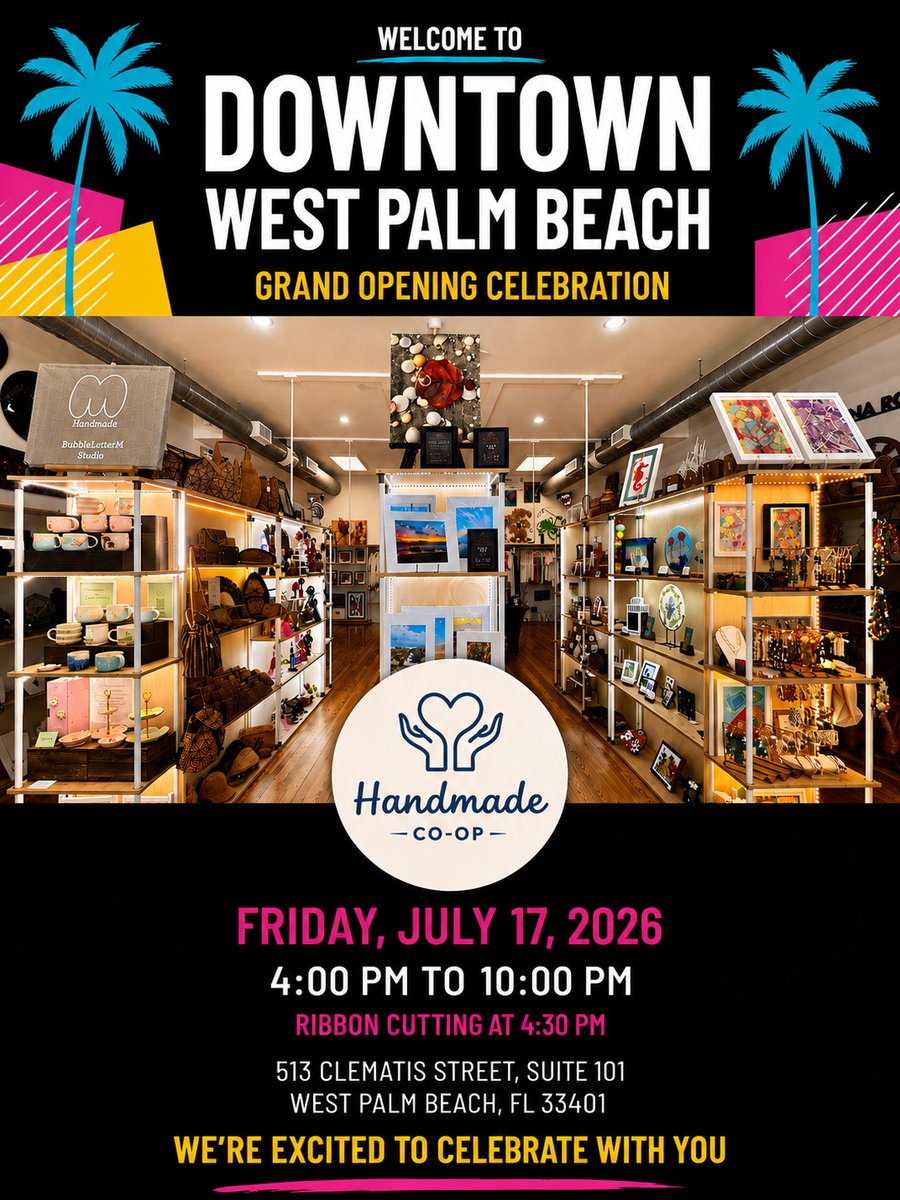 DowntownWPB's tweet photo. Celebrate the grand opening of Handmade Co-Op this Friday, July 17 from 4–10 p.m. Shop handmade treasures from over 30 local artisans, meet the makers, enjoy live music, giveaways, tasty bites, and join the official ribbon-cutting celebration!

Learn more: https://t.co/eqBP2N4caP https://t.co/o73UmHVNFA