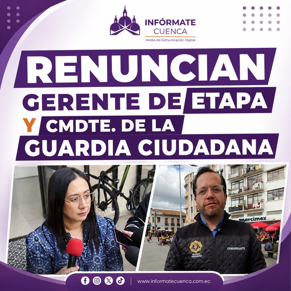 InformateCue's tweet photo. 🚨 #Cuenca | La gerente de ETAPA EP y el comandante de la Guardia Ciudadana presentaron sus renuncias. Las salidas se suman a los cambios registrados en EMAC y EMOV, en medio de la evaluación de funcionarios municipales.

#InfórmateCuenca #ETAPA #GuardiaCiudadana https://t.co/p59SLN5iRu