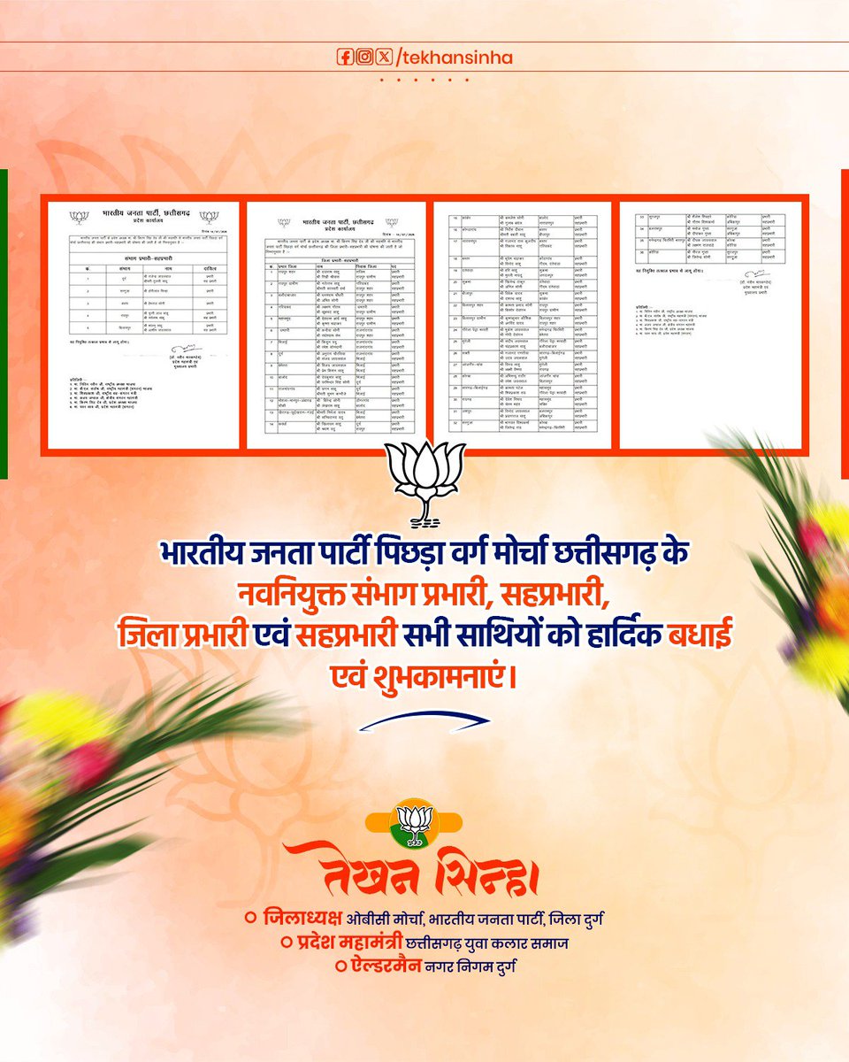 TekhanSinha's tweet photo. नव नियुक्त सभी दायित्ववान साथियों को हार्दिक बधाई एवं उज्ज्वल कार्यकाल हेतु शुभकामनाएं।
संगठन की मजबूती और राष्ट्रसेवा के संकल्प के साथ निरंतर आगे बढ़ें। 🌷
#संगठन_सर्वोपरी #BJP #OBCMorcha https://t.co/Mubxnihzqs