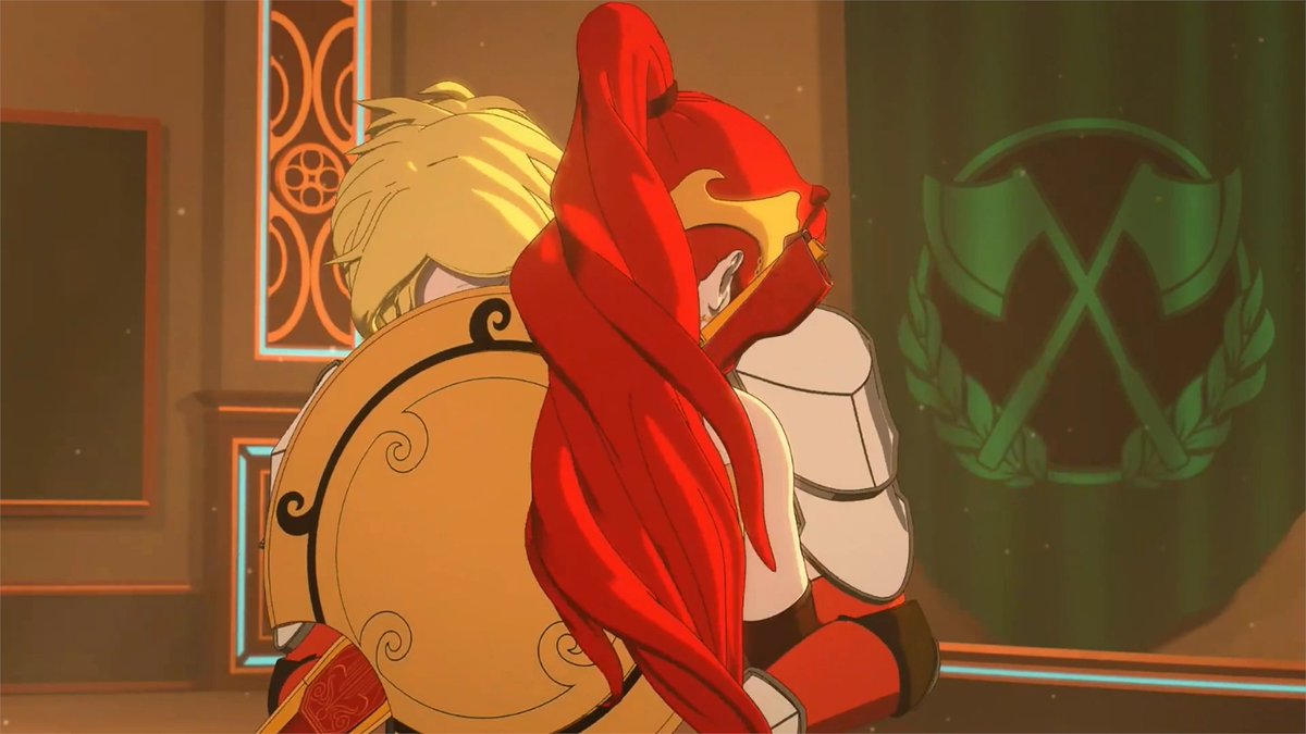 schnnees's tweet photo. This scene still has me in chokehold to this day, what do you mean we rlly see Pyrrha in the new engine not to mention the Arkos reunion 🥺❤️ #rwby https://t.co/u8fKU19F19
