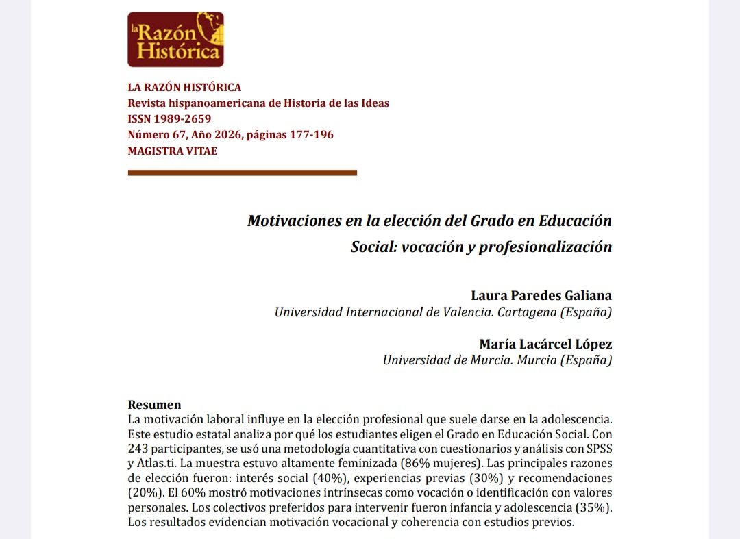 RevistaRazon's tweet photo. "Motivaciones en la elección del Grado en Educación Social: vocación y profesionalización".
Por Laura Paredes Galiana y María Lacárcel López.
LA RAZÓN HISTÓRICA 
https://t.co/BNUytMxA4I https://t.co/xkxXEnRAqy