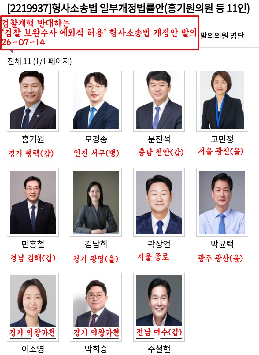 gomirae's tweet photo. 검찰개혁 반대하는
‘검찰 보완수사 예외적 허용’ 형사소송법 개정안 발의
26-07-14

[2219937] 형사소송법 일부개정법률안(홍기원의원 등 11인) https://t.co/IF7KQWhU5q
