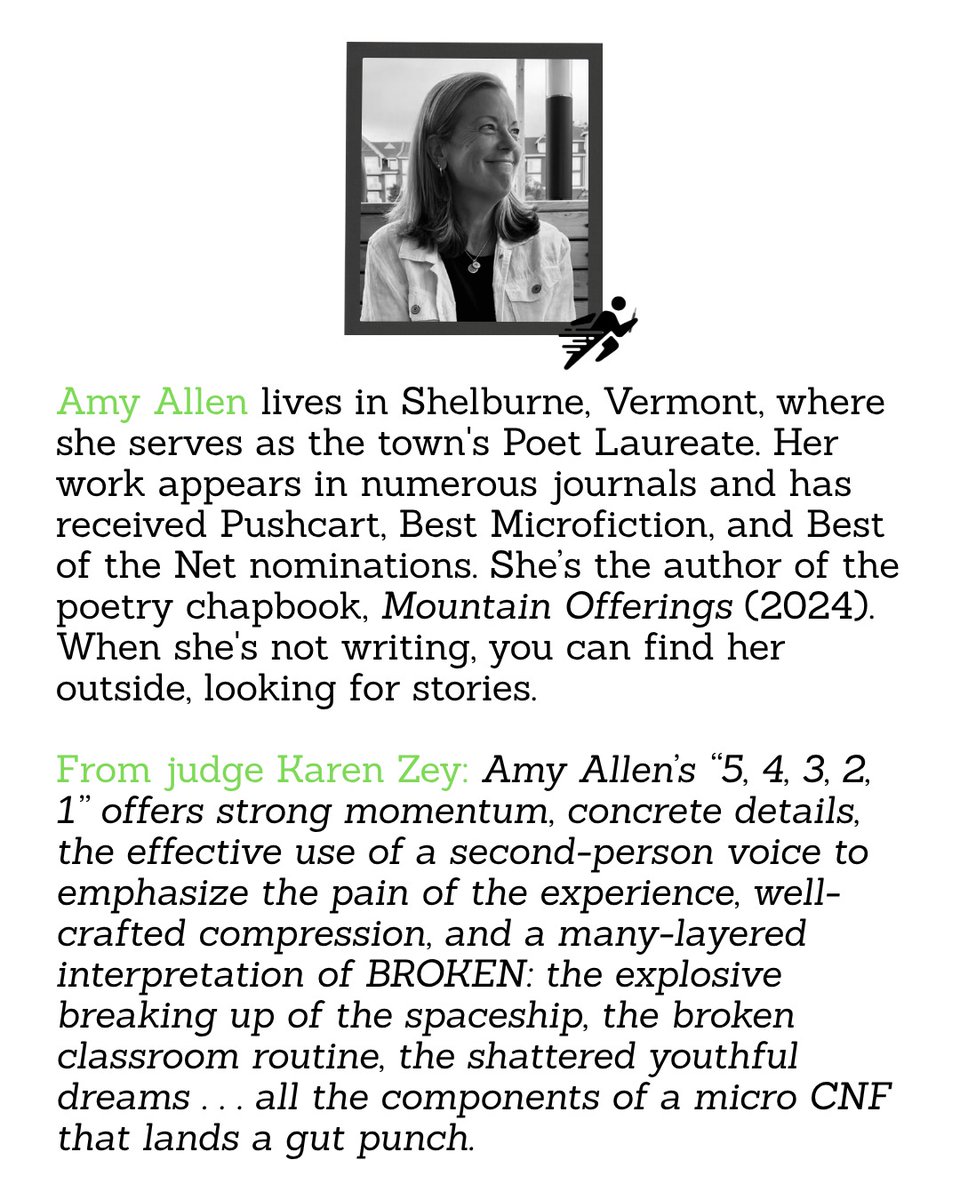 FiveMinuteLit's tweet photo. "5, 4, 3, 2, 1" by Amy Allen work appears in numerous journals, has received Pushcart, Best Microfiction, and Best of the Net nominations. She’s author of Mountain Offerings. "5, 4, 3, 2, 1" won our BROKEN contest, part of our 2026 Micromemoir Marathon https://t.co/BFq907eBC1