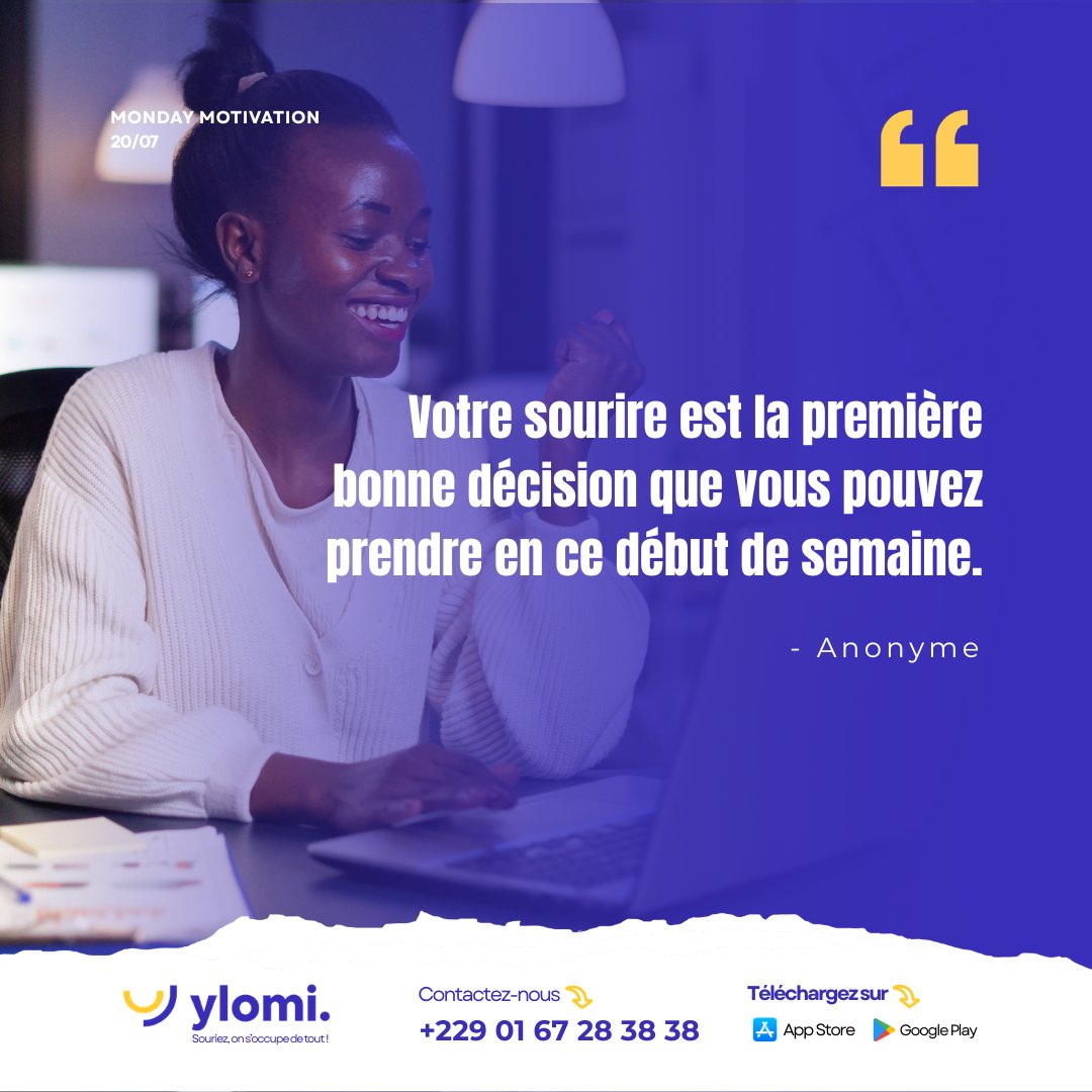 YlomiApp's tweet photo. Le sourire ne règle pas tout, mais il change souvent la façon de commencer la journée.

Offrez-vous ce premier cadeau en ce début de semaine. 😊

Très belle semaine à vous !

Souriez, on s’occupe de tout !

#MondayMotivation #YLOMI #YlomiApp https://t.co/bKKTzl3Obu