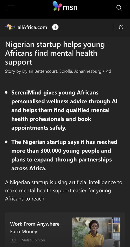 SereniMind's tweet photo. Nigerian startup helps young
Africans find mental health support

Read the full article here:
https://t.co/AtbzClDnVf

#serenimind #thechildbehindasmile #msn #mentalwellbeing #nigeria https://t.co/2SkrwNCaaA