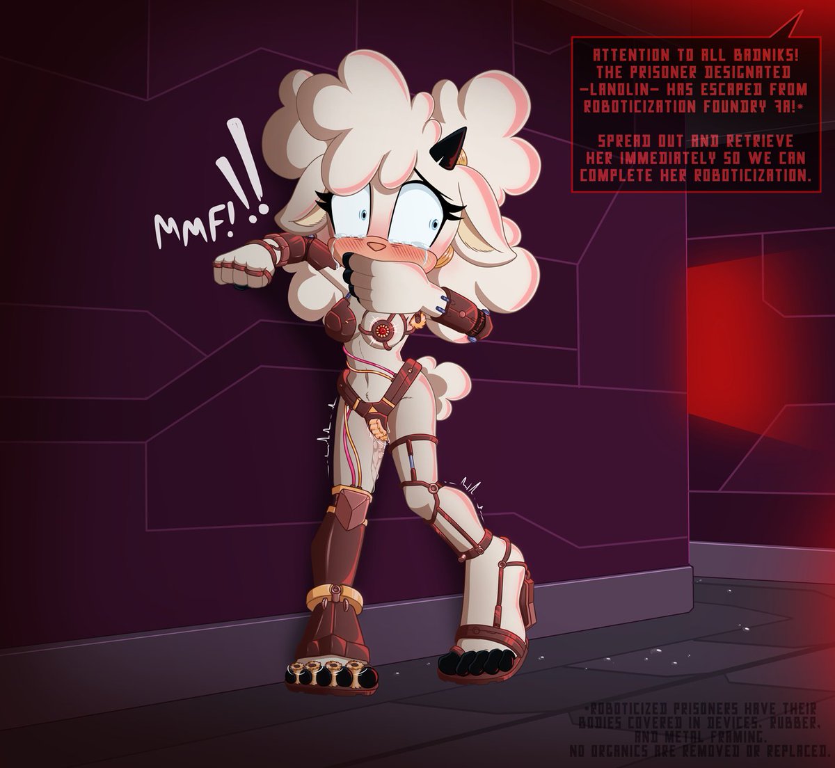 caroo_artist's tweet photo. Lanolin has escaped while only being partly "Roboticized" in an AU where that means being covered head to toe in metal bondage and tickling devices.

Can she escape? Or will the badniks drag her away to a dire, tickle tortured fate?! >:D https://t.co/lHDQLhV2GW