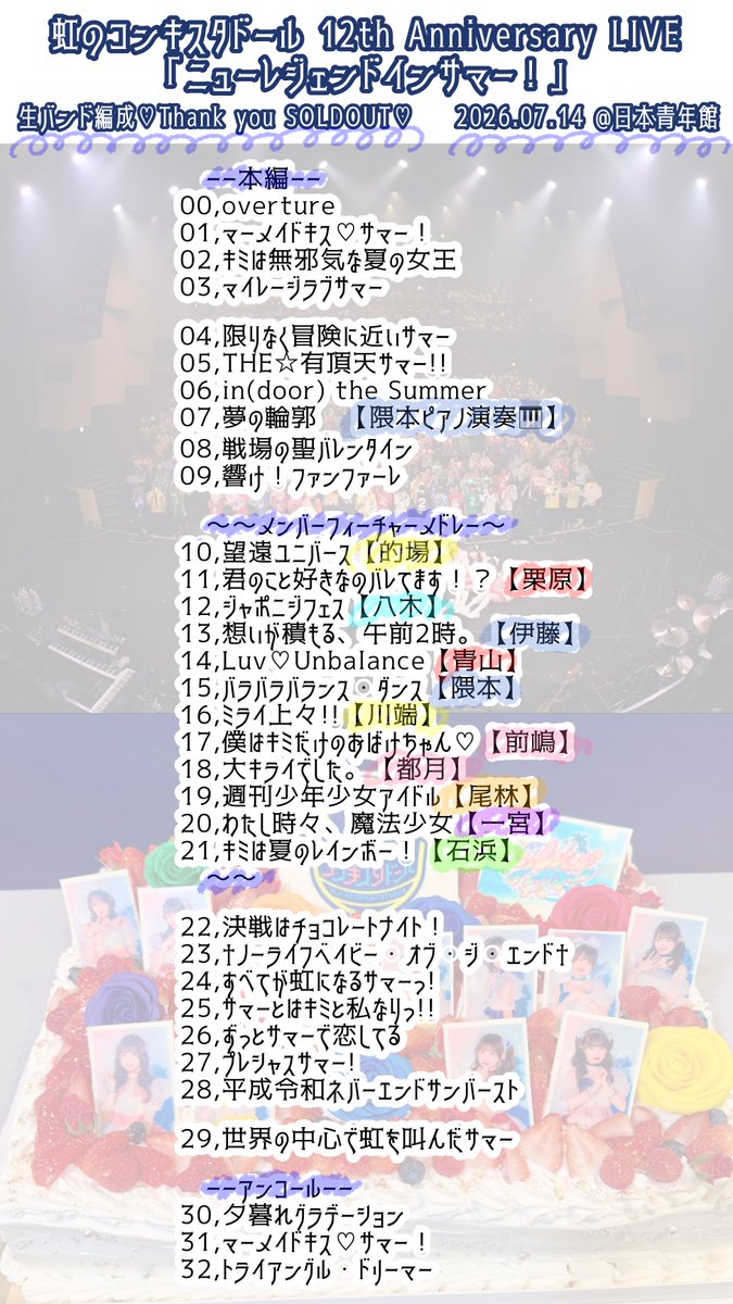kumamoto_marina's tweet photo. 虹のコンキスタドール 12th Anniversary LIVE
「ニューレジェンドインサマー！」
〜生バンド編成ワンマン〜
2026.07.14 @日本青年館

🥁🎸セットリスト公開🎸🎹

#虹コンセトリ #虹コン12周年 #虹コン https://t.co/Am2ipAJSjZ