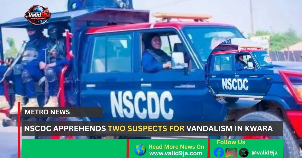 valid9ja's tweet photo. NSCDC has arrested two suspects in Kwara for allegedly stealing and vandalising TCN electrical materials in a major crackdown on economic sabotage.β
Read the full news on Valid9ja: https://t.co/lWO6r9jWdx
#NSCDC #Kwara #TCN #Crime #NigeriaNews #Valid9ja https://t.co/wvhBGhuU9a