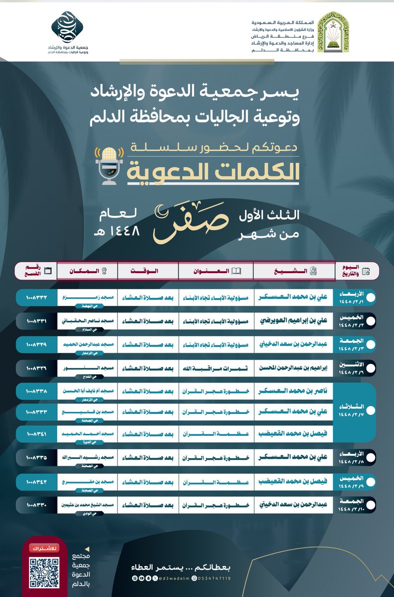d3wadelm's tweet photo. 🕌 سلسلة الكلمات الدعوية في المساجد 

🗓️ خلال الثلث الأول من شهر صفر 1448هـ 

⚠️ وسيتم التذكير بها عبر المجموعة الخاصة بذلك وفق الرابط التالي:-
https://t.co/znTecJeWV3 https://t.co/VgtTmLiWvo
